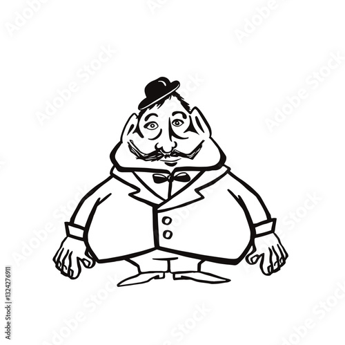 Retro plump gentleman in hat, line monochrome vector
