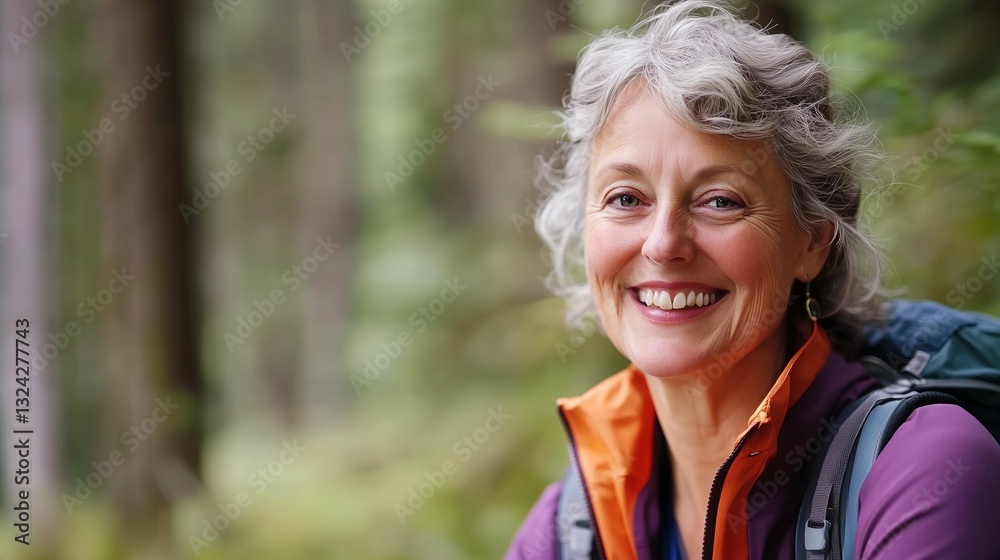 older woman smiling and taking in the serene view during a forest hike older woman smiling and taking in the serene view during a forest hike