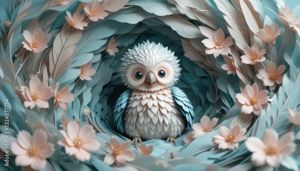 Obraz premium Adorable Baby Owl Nestled in Delicate Paper Flowers and Leaves