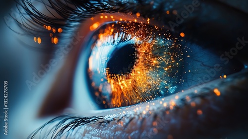 Featuring futuristic digital graphics overlaid, a close up of an eye represents advanced vision technology and innovation in ophthalmology and biometric ID.