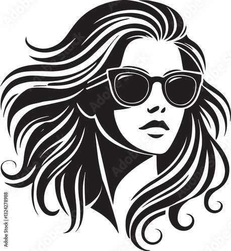 black girl with sunglasses vector file, women head in sunglass, women head in sunglass silhouette vector, women head vector illustration, Woman silhouette vector isolated on white background
