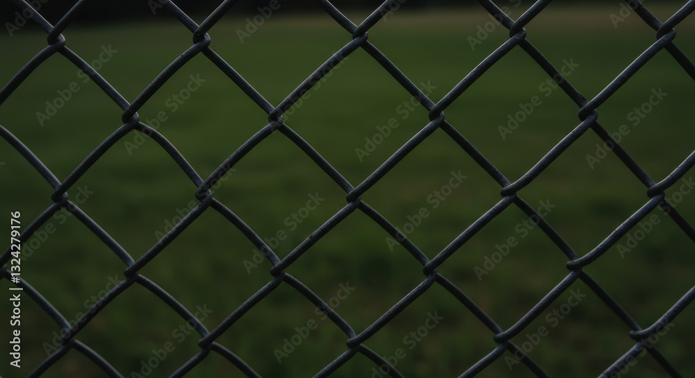 Chain-link Fence Close-Up: Abstract Metal Mesh & Blurred Greenery Background - A Study in Security, Boundary, and Industrial Texture Chain-link Fence Close-Up: Abstract Metal Mesh & Blurred Greenery Background - A Study in Security, Boundary, and Industrial Texture