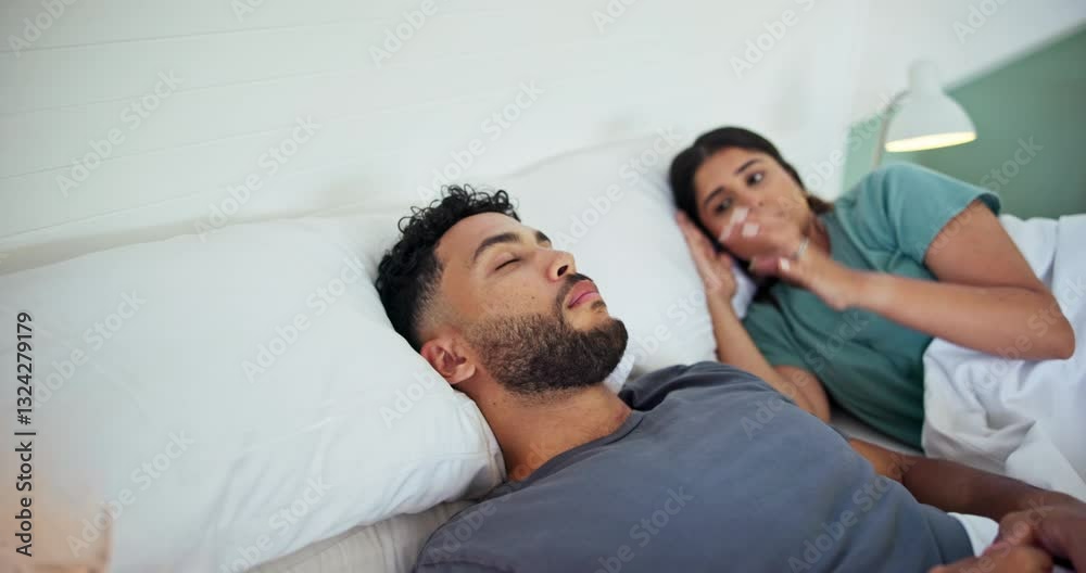 Snore, couple and frustrated with noise in home for sleep apnea, loud sound and wake up husband. Sleepless, woman and annoyed with partner for nasal congestion, stress and fatigue issue in bedroom Snore, couple and frustrated with noise in home for sleep apnea, loud sound and wake up husband. Sleepless, woman and annoyed with partner for nasal congestion, stress and fatigue issue in bedroom