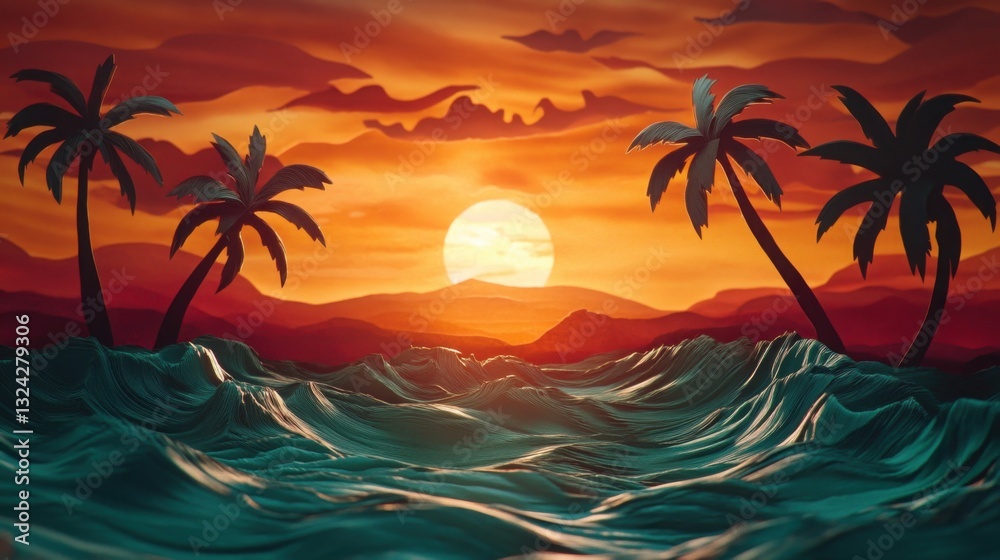 Serene tropical scene with a warm sunset glow handcrafted paper cut palm trees and layered waves of an emerald ocean. Serene tropical scene with a warm sunset glow handcrafted paper cut palm trees and layered waves of an emerald ocean.