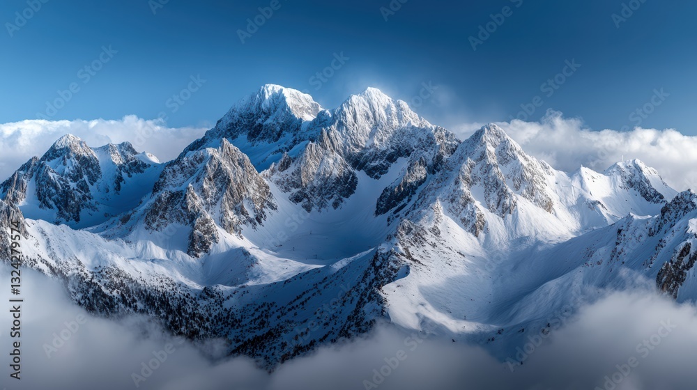 Majestic Snowy Mountain Peaks Rise Against a Clear Blue Sky With Clouds Drifting Peacefully at Dawn Generative AI Majestic Snowy Mountain Peaks Rise Against a Clear Blue Sky With Clouds Drifting Peacefully at Dawn Generative AI