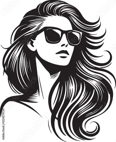 black girl with sunglasses vector file, women head in sunglass, women head in sunglass silhouette vector, women head vector illustration, Woman silhouette vector isolated on white background