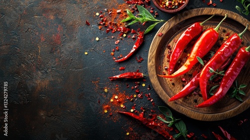 A rustic composition of vibrant red chili peppers artfully arranged on a wooden plate, accompanied by scattered flakes and herbs