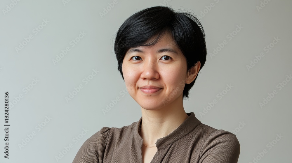 A happy woman standing with arms crossed, smiling confidently at the camera in front of a grey background. She poses casually in a studio portrait, exuding a clean and professional vibe. A happy woman standing with arms crossed, smiling confidently at the camera in front of a grey background. She poses casually in a studio portrait, exuding a clean and professional vibe.