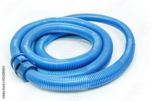 Washing machine blue cold water inlet hose with clamped fittings, isolated on a white background