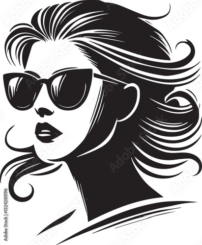 black girl with sunglasses vector file, women head in sunglass, women head in sunglass silhouette vector, women head vector illustration, Woman silhouette vector isolated on white background