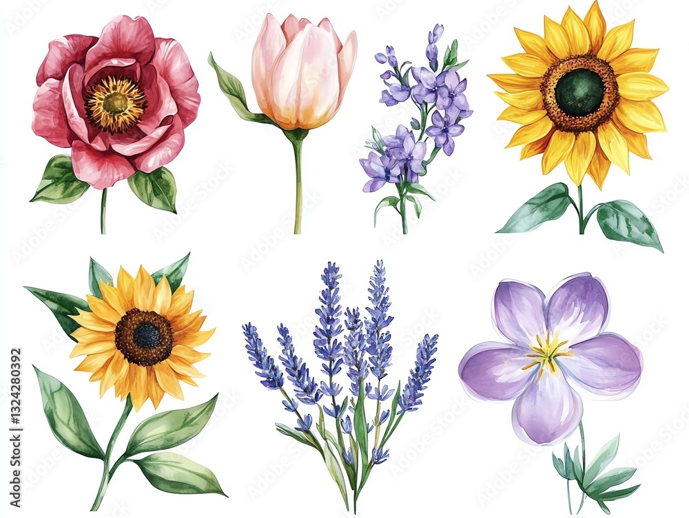 Obraz premium Watercolor flowers collection sunflower, rose, tulip, magnolia, lavender, lily lilac, anemone and pansy Flora isolated