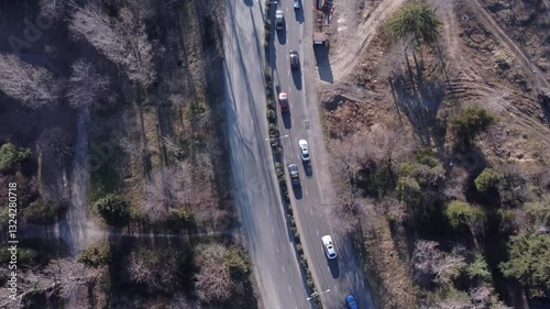 Aerial view of highway traffic during rush hour in Tbilisi, Georgia