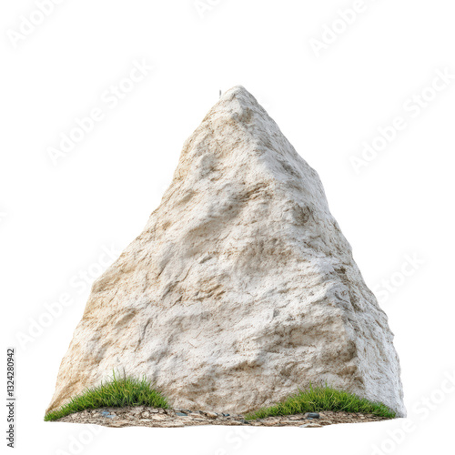 A unique rock surrounded by lush green grass growing on its surface in a natural outdoor setting isolated on a white background. photo