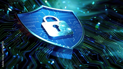 Illustration of a future technology system network security shield lock, symbolizing digital protection and secure connections. Concept of advanced cybersecurity and data safeguarding in modern networ