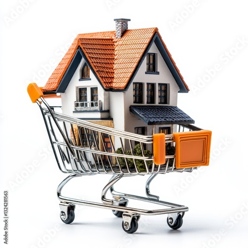 A miniature house in a shopping cart, isolated on a white background, cut out, symbolizing home modeling and real estate marketing for premium properties. photo