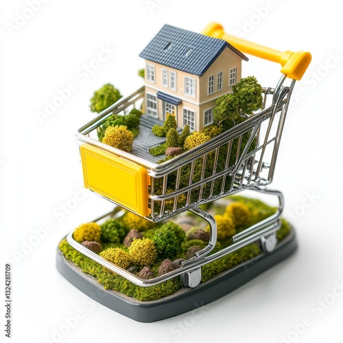 A miniature house in a shopping cart, isolated on a white background, cut out, symbolizing home modeling and real estate marketing for premium properties. photo