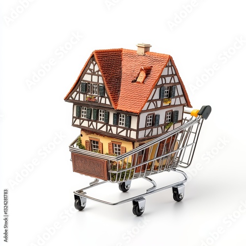 A miniature house in a shopping cart, isolated on a white background, cut out, symbolizing home modeling and real estate marketing for premium properties. photo