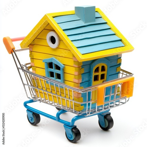 A miniature house in a shopping cart, isolated on a white background, cut out, symbolizing home modeling and real estate marketing for premium properties. photo