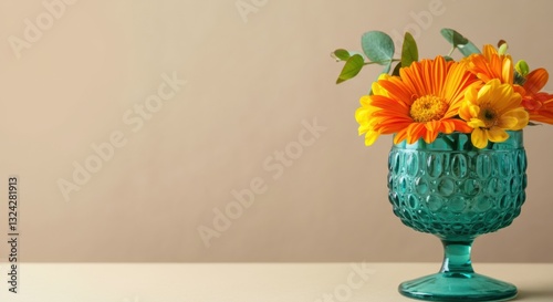Wallpaper Mural Vibrant orange flowers in a teal glass vase on a neutral background Torontodigital.ca