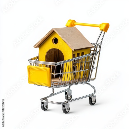 A miniature house in a shopping cart, isolated on a white background, cut out, symbolizing home modeling and real estate marketing for premium properties. photo