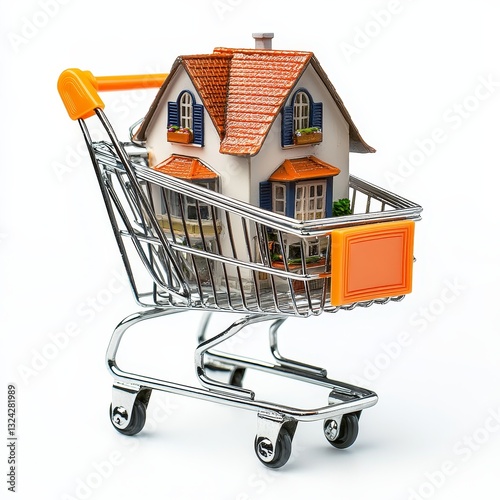 A miniature house in a shopping cart, isolated on a white background, cut out, symbolizing home modeling and real estate marketing for premium properties. photo