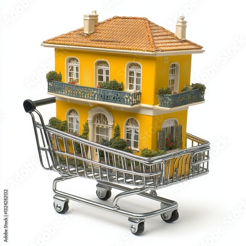 A miniature house in a shopping cart, isolated on a white background, cut out, symbolizing home modeling and real estate marketing for premium properties. photo