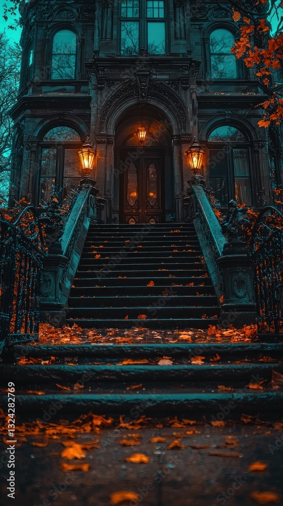 Obraz premium Grand staircase leads to an ornate, dark Victorian building. Fall leaves scattered