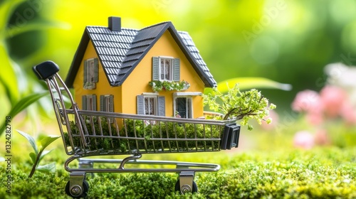 A miniature house in a shopping cart with a simple blurred background, symbolizing home modeling and real estate sales for high-end property marketing. photo