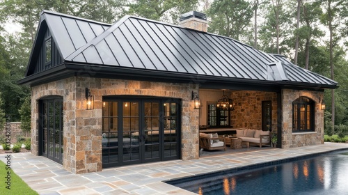 Stone guesthouse poolside, dark roof, wooded setting