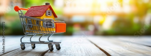 A miniature house in a shopping cart with a simple blurred background, symbolizing home modeling and real estate sales for high-end property marketing. photo