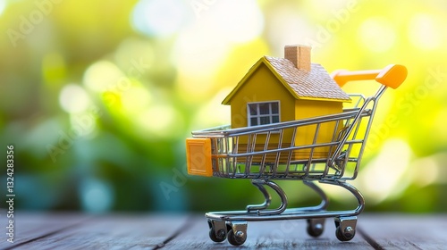 A miniature house in a shopping cart with a simple blurred background, symbolizing home modeling and real estate sales for high-end property marketing. photo
