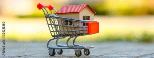 A miniature house in a shopping cart with a simple blurred background, symbolizing home modeling and real estate sales for high-end property marketing. photo