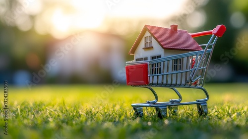 A miniature house in a shopping cart with a simple blurred background, symbolizing home modeling and real estate sales for high-end property marketing. photo