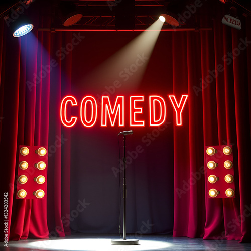 The stand-up comedy stage features a bright spotlight and a vibrant red neon sign proudly declaring 