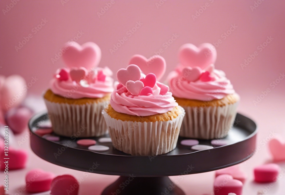 Cupcakes with pink frosting and candy hearts arranged on a tiered stand Cupcakes with pink frosting and candy hearts arranged on a tiered stand