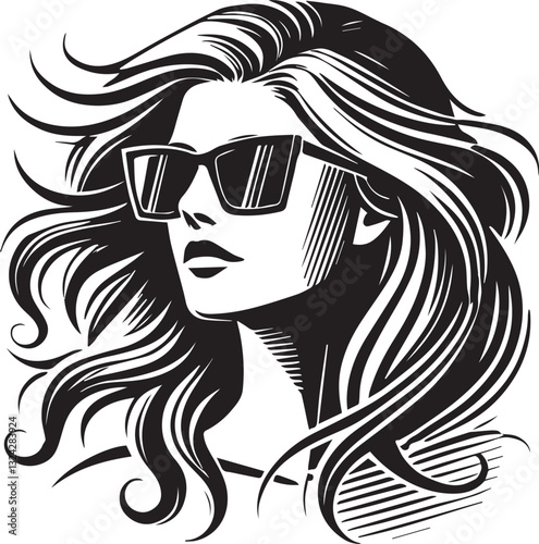 black girl with sunglasses vector file, women head in sunglass, women head in sunglass silhouette vector, women head vector illustration, Woman silhouette vector isolated on white background