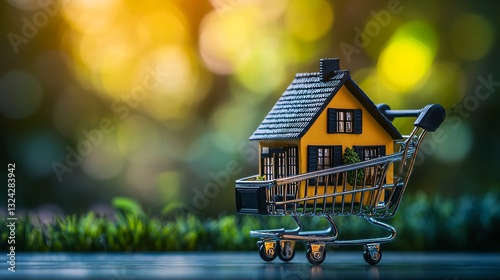 A miniature house in a shopping cart with a simple blurred background, symbolizing home modeling and real estate sales for high-end property marketing. photo
