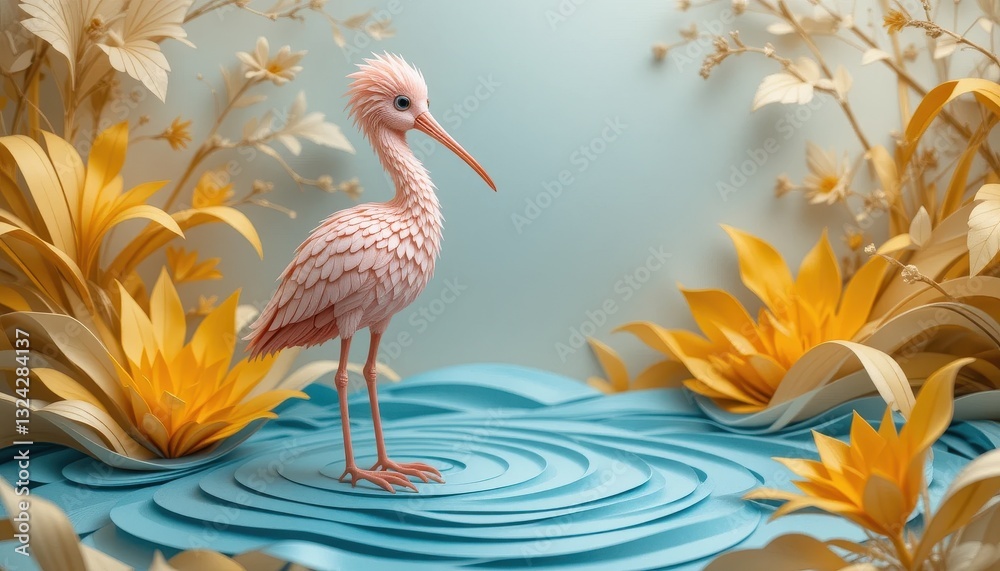 Fototapeta premium Pink Bird in Paper Art Floral Scene Tranquil Water Yellow and Beige Flowers