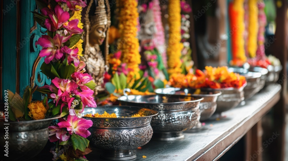 Fototapeta premium Intricate Floral Offerings in Traditional Ceremony with Statues