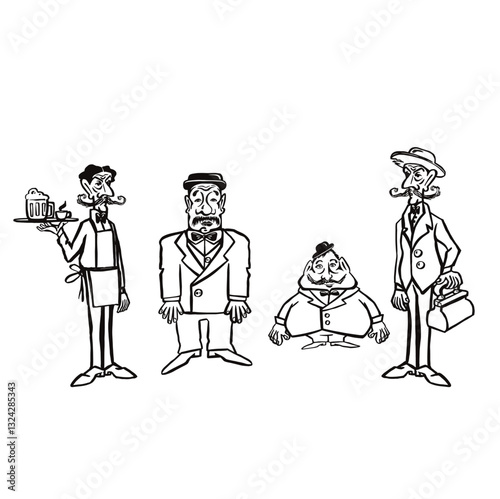 Set Retro man in hats, line monochrome vector