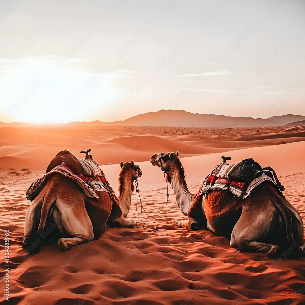 Fototapeta premium Desert Two Camel Sand Sandy Animal Sunset Wildlife