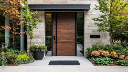 Stylish modern entrance showcasing a beautiful wooden door that enhances the overall look of the home facade
