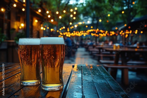 two glasses of beer on the table.
