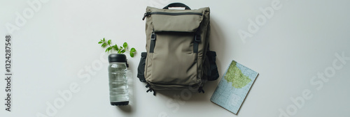 Spring Break Travel Essentials Backpack Water Bottle Map Spring Green Gear Flat Lay White Background Adventure Vacation Trip Holiday