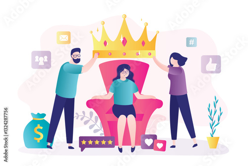 Subscribers or fans give golden crown for popular media blogger. Very important person in crown sitting on throne, high ranking. Successful social media influencer,