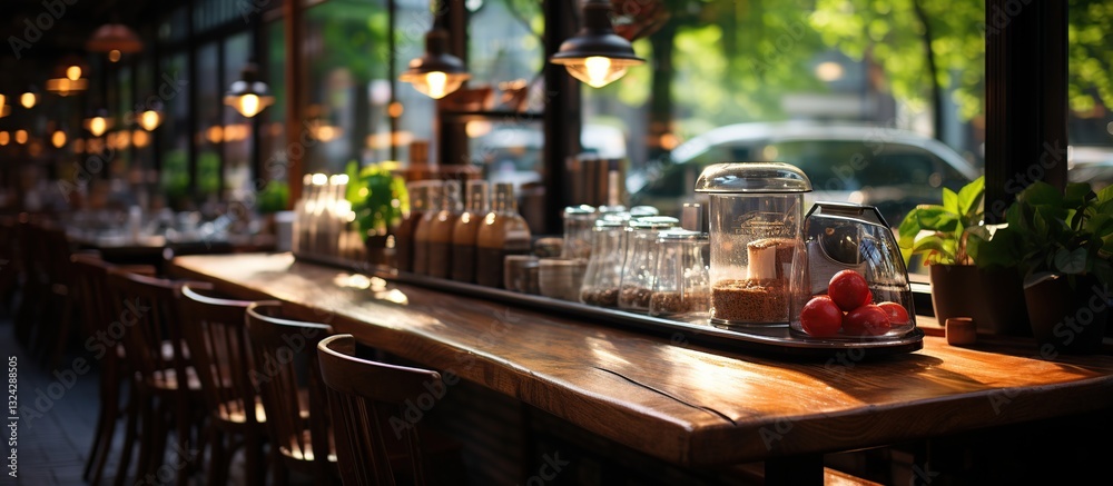 Fototapeta premium Cozy Café Interior with Wooden Table and Bright Green Plants