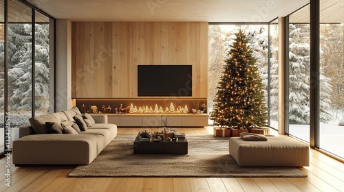 A 3D-rendered modern living room featuring a Christmas tree sets the scene for holiday-themed stock photography. 