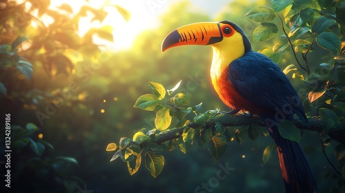 Toucan perched jungle sunset branch