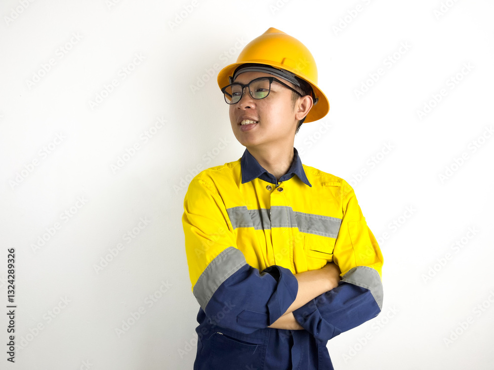 Portrait of Asian engineer with yellow helmet crossing arms on white background Portrait of Asian engineer with yellow helmet crossing arms on white background