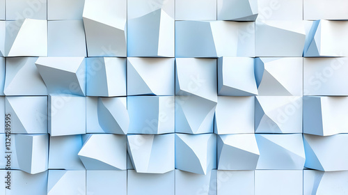 Abstract 3D Geometric Pattern Of White And Light Blue Triangular And Square Shapes With Subtle Shadows And Highlights Creating A Modern Textured